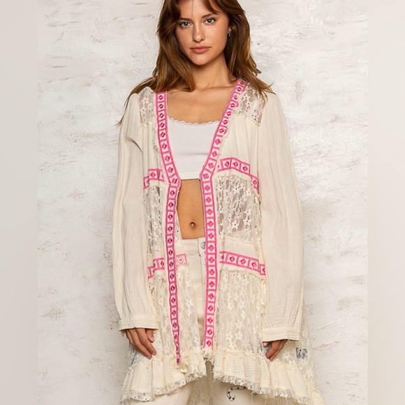 LAST ONE POL Cream Pink Lace Cardigan | Playful Ruffle Hem | Relaxed Fit - Picture 6 of 6